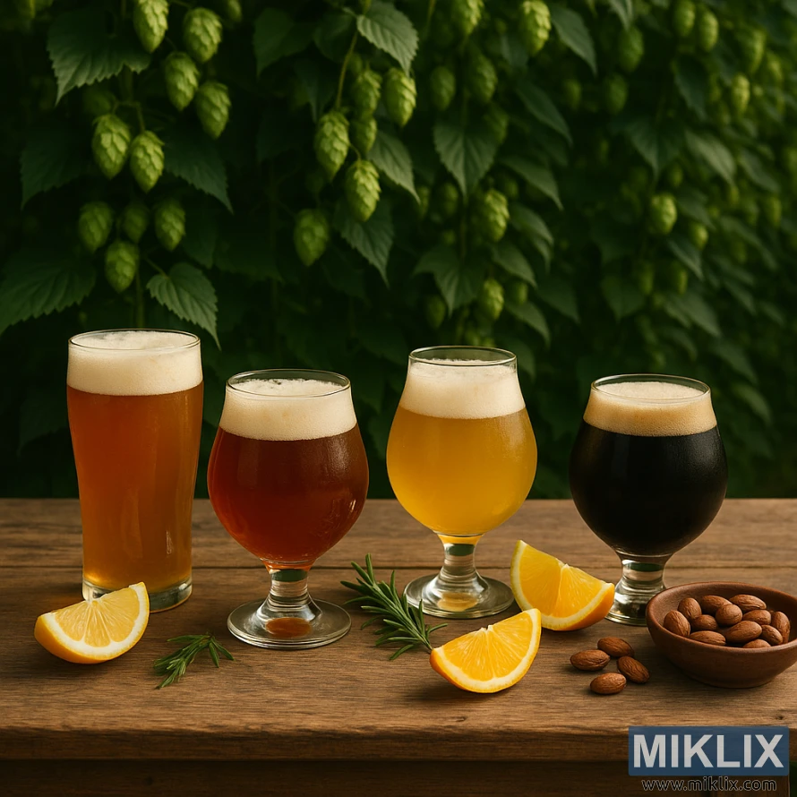 Quatre bières artisanales sur une table en bois rustique avec des quartiers d'agrumes, du romarin et des amandes, sur fond de vigne de houblon verte luxuriante.