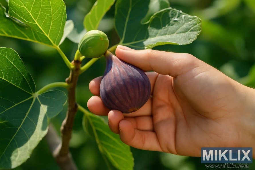 A close-up of a hand gently plucking a ripe purple fig from a sunlit fig tree surrounded by lush green leaves. A close-up of a hand gently plucking a ripe purple fig from a sunlit fig tree surrounded by lush green leaves.