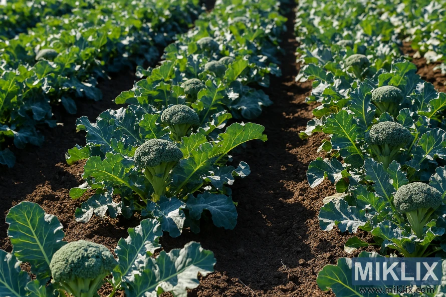 Landscape photo of broccoli plants growing in full sun with proper spacing in neat rows. Landscape photo of broccoli plants growing in full sun with proper spacing in neat rows.