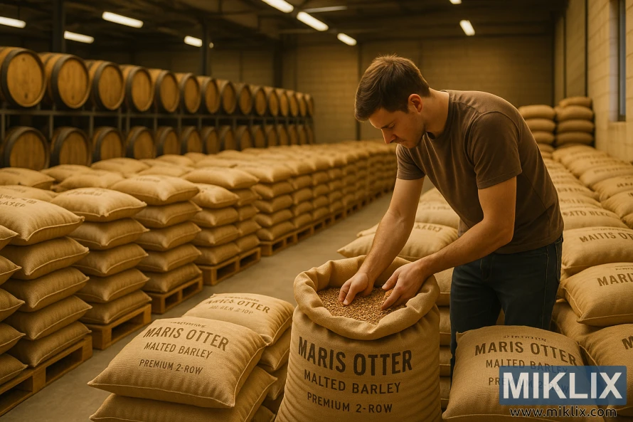 Skladište s drvenim bačvama i vrećama slada Maris Otter, radnik pregledava zrna pod toplim svjetlom.
