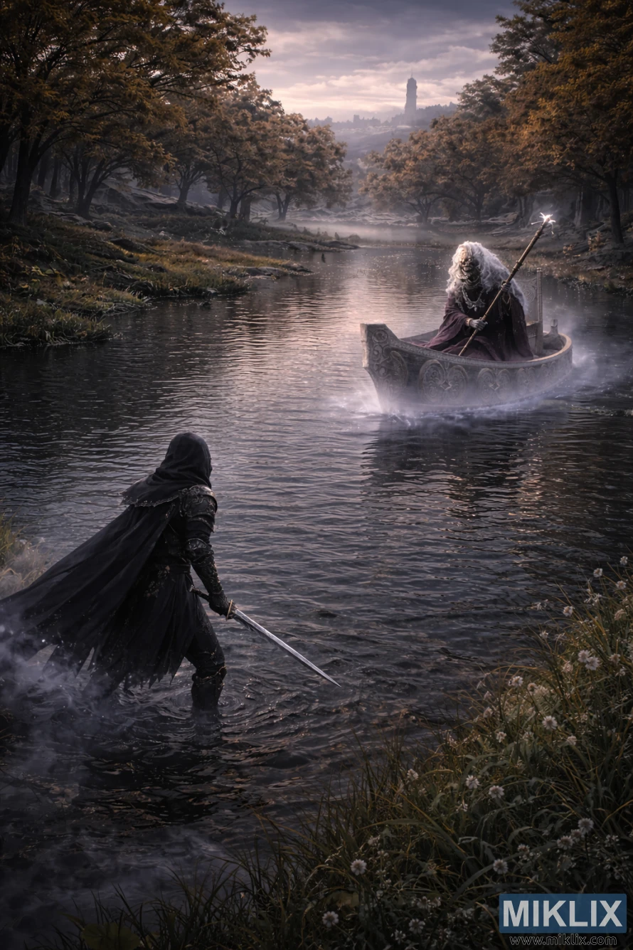 Opera fantasy semi-realistica con una vista isometrica dall'alto del Tarnished che brandisce una spada nell'armatura del Coltello Nero, di fronte al Tibia Mariner su una barca spettrale nelle acque nebbiose della Liurnia orientale dei Laghi.