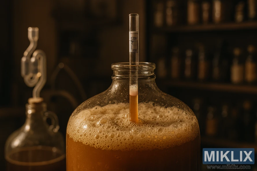Close-up of a fermentation vessel with frothy beer, hydrometer, and brewing tools in warm light