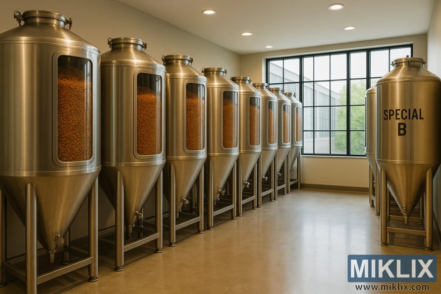 Skladište sa silosima od nehrđajućeg čelika napunjenim jantarnim zrnima slada Special B.