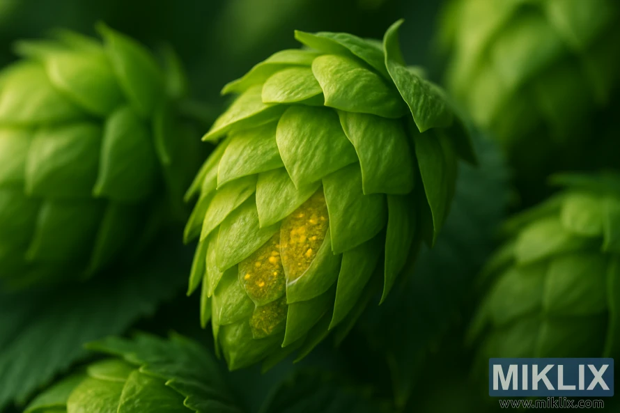 Uma fotografia detalhada em close-up de cones de lúpulo-de-lobo da Estíria verde vibrante com glândulas de lupulina amarelas visíveis. Uma fotografia detalhada em close-up de cones de lúpulo-de-lobo da Estíria verde vibrante com glândulas de lupulina amarelas visíveis.
