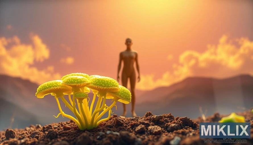 მანათობელი კორდიცეფსის სოკო ოქროსფერ შუქზე გამოსახული მშვიდი ფიგურით, რაც იმუნური სისტემის მხარდაჭერას განასახიერებს.