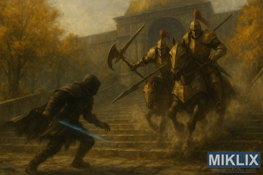 Realistic oil-style painting of the Tarnished fighting two halberd-wielding Tree Sentinels on horseback on the staircase to Leyndell in Elden Ring. Realistic oil-style painting of the Tarnished fighting two halberd-wielding Tree Sentinels on horseback on the staircase to Leyndell in Elden Ring.