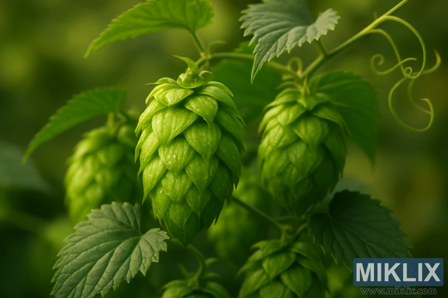 Svěží zelené chmelové hlávky Smaragd visící z trsů s měkkým zeleným rozmazaným pozadím.