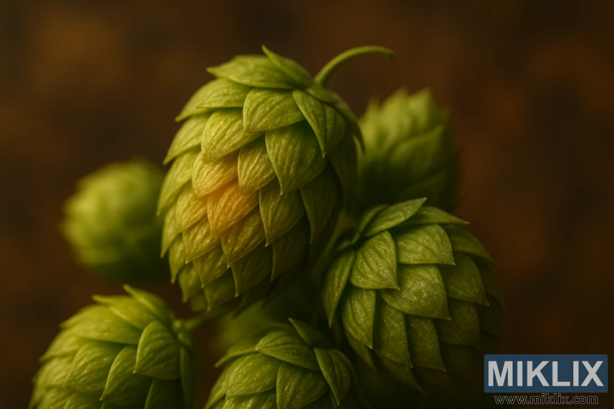 Nærbilde av Steiermark Golding humlekegler med gyldengrønne nyanser i varmt, mykt lys. Nærbilde av Steiermark Golding humlekegler med gyldengrønne nyanser i varmt, mykt lys.