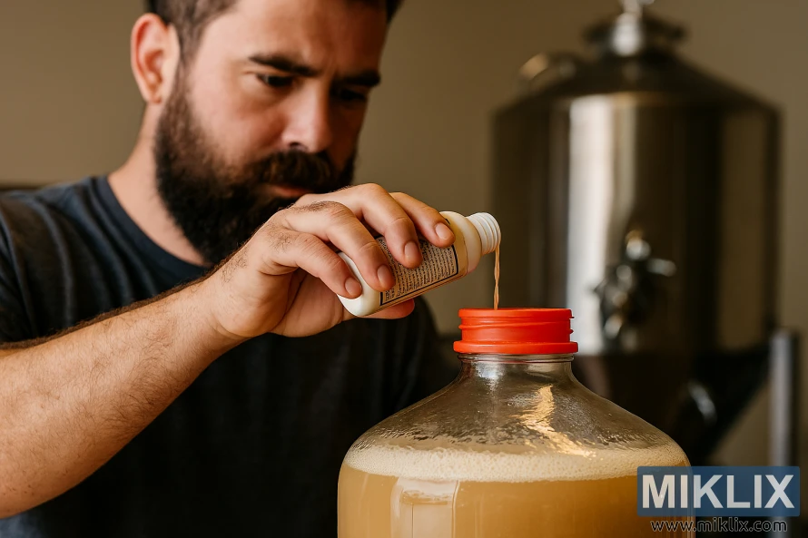 Човек истура течен квасец во стаклен вагон за време на домашно производство на пиво Човек истура течен квасец во стаклен вагон за време на домашно производство на пиво