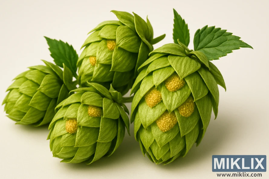 Bức ảnh chụp chi tiết tại studio về những quả nón hoa bia Opal xanh tươi với tuyến lupulin màu vàng trên nền tối giản, sạch sẽ. Bức ảnh chụp chi tiết tại studio về những quả nón hoa bia Opal xanh tươi với tuyến lupulin màu vàng trên nền tối giản, sạch sẽ.