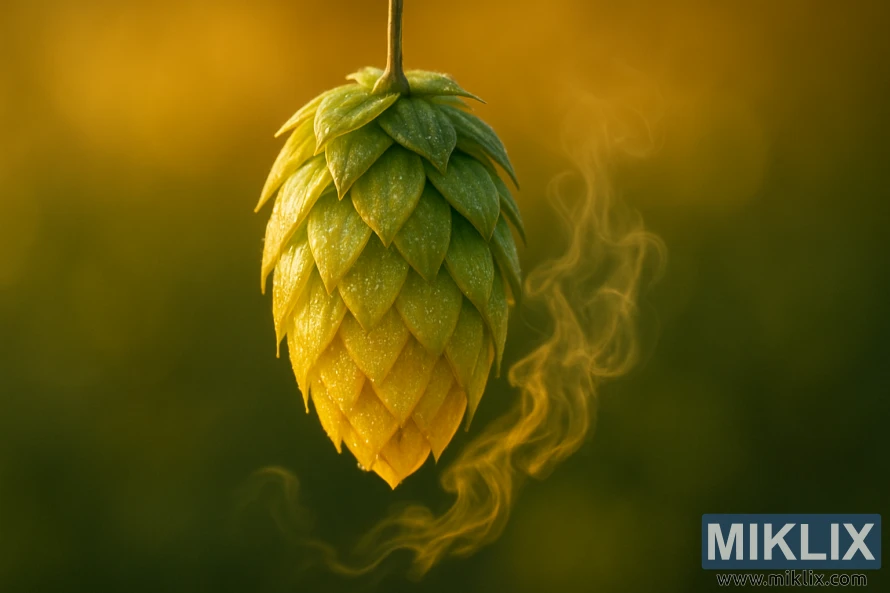 Makró közeli felvétel egy élénk színű szerebrianka komlótobozról, amely aranyló fényben ragyog, látható lupulinmirigyekkel. Makró közeli felvétel egy élénk színű szerebrianka komlótobozról, amely aranyló fényben ragyog, látható lupulinmirigyekkel.