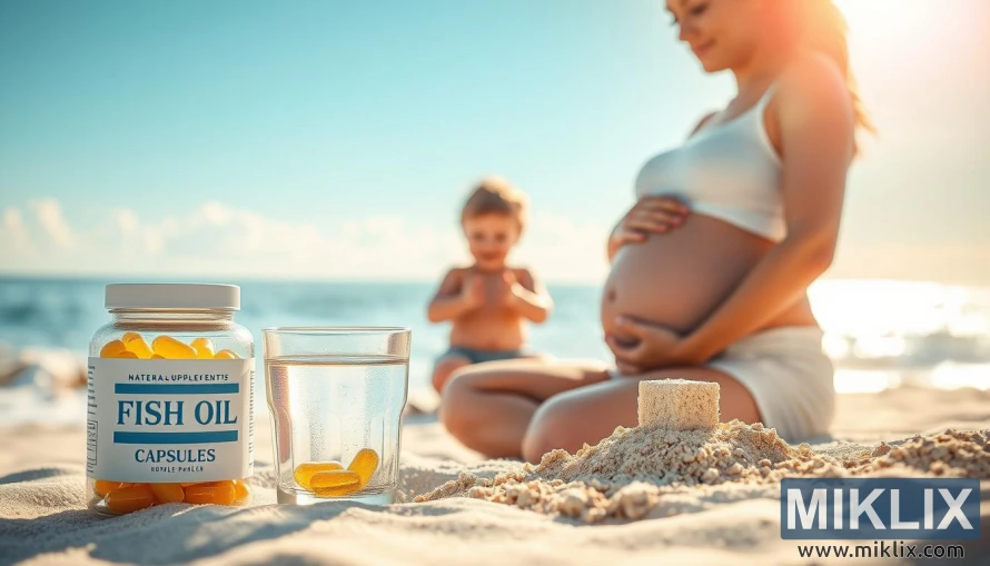 മീൻ എണ്ണ ഗുളികകളുമായി ബീച്ചിൽ ഗർഭിണിയായ സ്ത്രീയും മണലിൽ കളിക്കുന്ന കുട്ടിയും. മീൻ എണ്ണ ഗുളികകളുമായി ബീച്ചിൽ ഗർഭിണിയായ സ്ത്രീയും മണലിൽ കളിക്കുന്ന കുട്ടിയും.