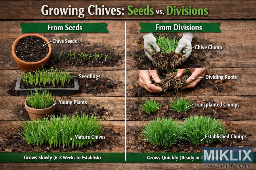 Side-by-side comparison image showing how chives grow from seeds versus divisions, illustrating stages from planting to mature clumps.