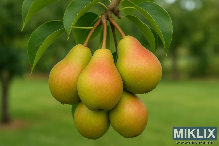 Cluster of ripe Kieffer pears with green-yellow skins and red blush hanging from a branch. Cluster of ripe Kieffer pears with green-yellow skins and red blush hanging from a branch.