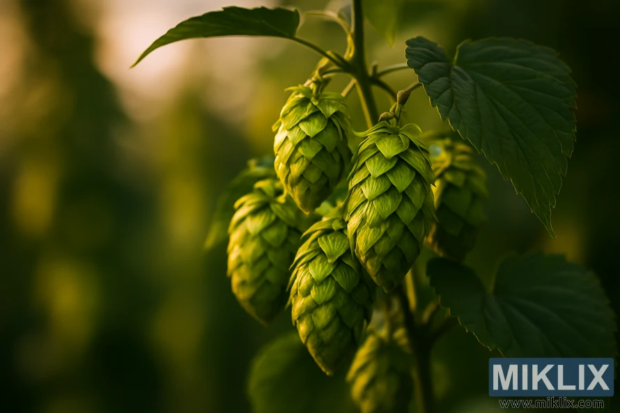 Pamje nga afër e koneve të humulusit Southern Passion dhe gjetheve që shkëlqejnë në dritë të ngrohtë të artë me një sfond të turbullt.