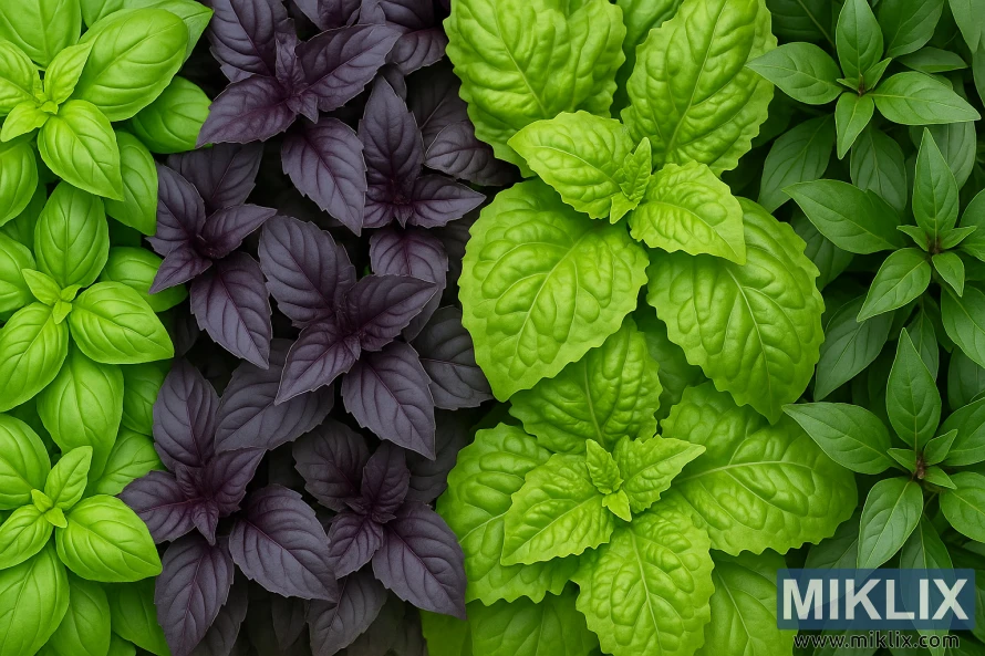 Fyra olika basilikasorter arrangerade sida vid sida som visar kontrasterande bladfärger, former och texturer. Fyra olika basilikasorter arrangerade sida vid sida som visar kontrasterande bladfärger, former och texturer.