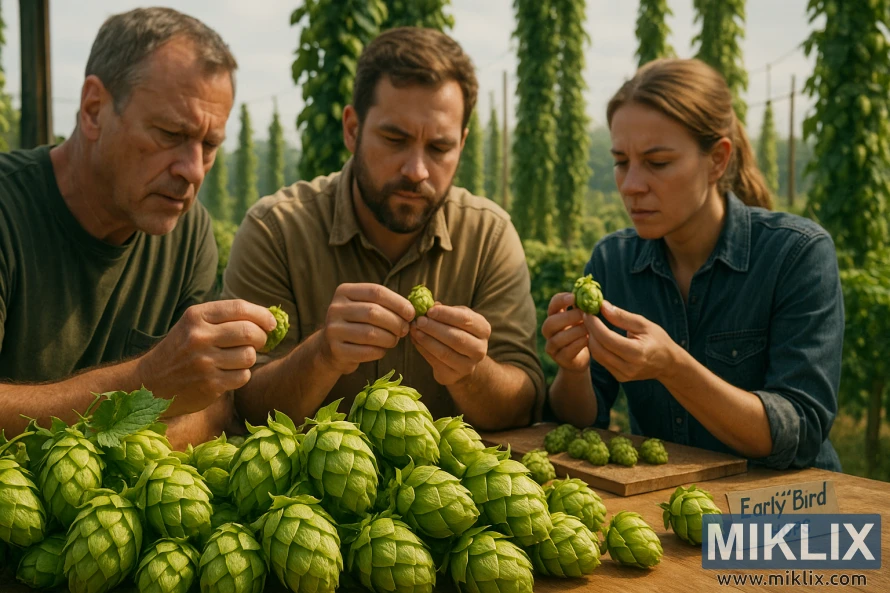 Κοντινό πλάνο ζυθοποιών που επιθεωρούν κώνους λυκίσκου Early Bird πλούσιους σε λουπουλίνη υπό φυσικό φως.