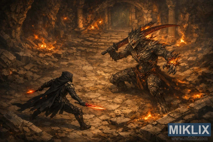 Dark fantasy illustration showing the Tarnished in Black Knife armor facing the Ancient Dragon-Man in a burning stone arena inside Dragon’s Pit.