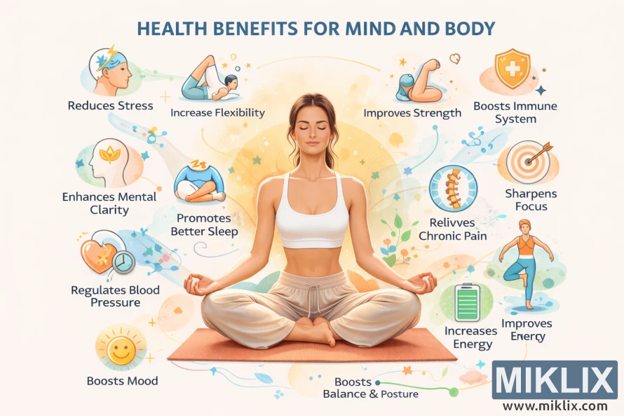 تصویری که زنی را در حال مراقبه نشان می‌دهد و نمادهایی در اطرافش وجود دارد که فواید سلامت جسمی و روحی یوگا را توضیح می‌دهند.