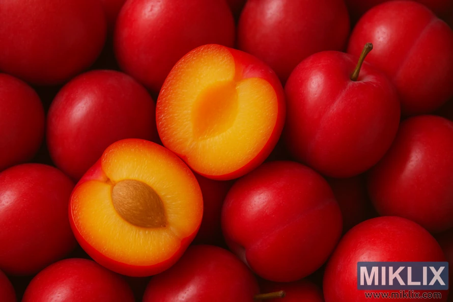 Close-up of ripe Superior plums with glossy red skins and golden-yellow flesh halves. Close-up of ripe Superior plums with glossy red skins and golden-yellow flesh halves.