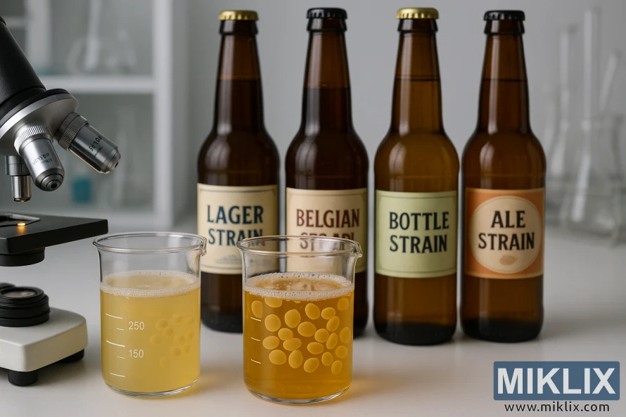 To begerglass med forskjellige gjærkulturer ved siden av et mikroskop og merkede ølflasker.