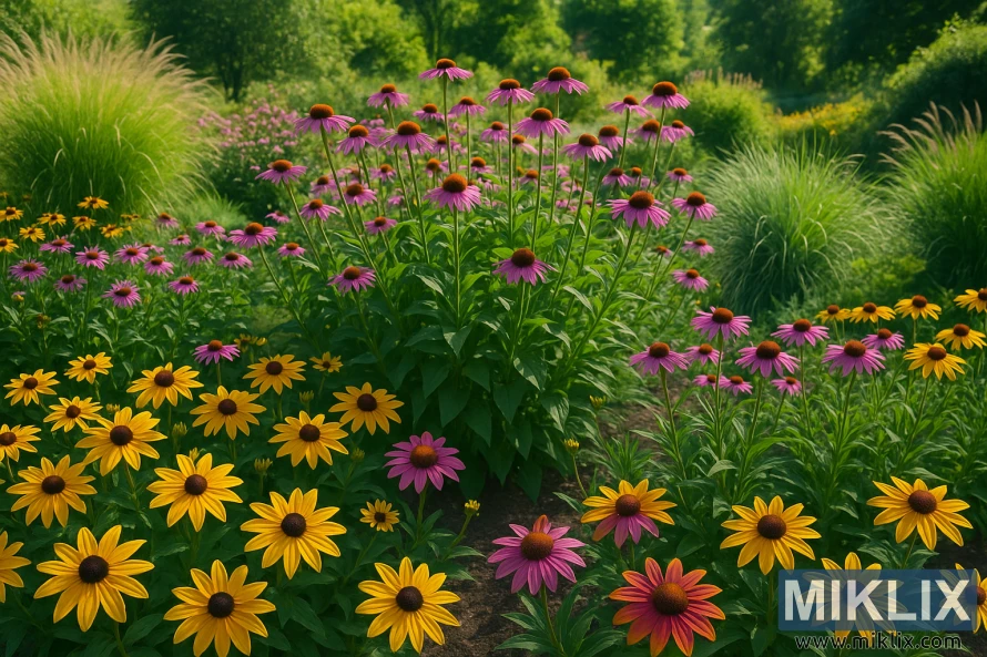 Vibrant summer garden featuring Black-Eyed Susans and Purple Coneflowers surrounded by ornamental grasses in bright sunlight. Vibrant summer garden featuring Black-Eyed Susans and Purple Coneflowers surrounded by ornamental grasses in bright sunlight.