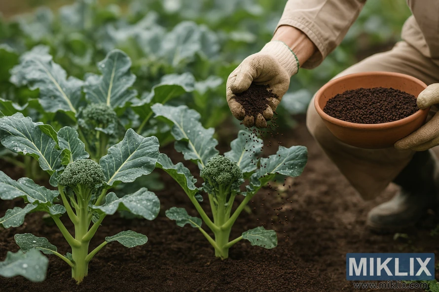 Gardener applying organic fertilizer by hand to broccoli plants in a garden. Gardener applying organic fertilizer by hand to broccoli plants in a garden.