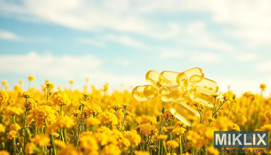 Camp de colza amb càpsules de gel tova de CLA sota un cel blau clar amb llum natural.