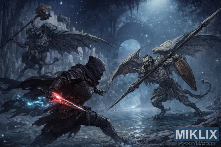 സിയോഫ്ര അക്വെഡക്റ്റിന്റെ നീല വെളിച്ചമുള്ള അവശിഷ്ടങ്ങളിൽ രണ്ട് വാലിയന്റ് ഗാർഗോയിലുകളുമായി പോരാടുന്ന ടാർണിഷ്ഡ് ഇൻ ബ്ലാക്ക് നൈഫ് കവചത്തിന്റെ ആനിമേഷൻ-സ്റ്റൈൽ ഫാൻ ആർട്ട്.