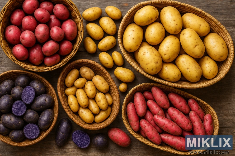 Assorted colorful potatoes in woven baskets on a rustic wooden table