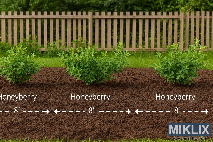 Landscape photo of four honeyberry shrubs spaced 8 feet apart, with dashed measurement lines and a wooden fence backdrop. Landscape photo of four honeyberry shrubs spaced 8 feet apart, with dashed measurement lines and a wooden fence backdrop.