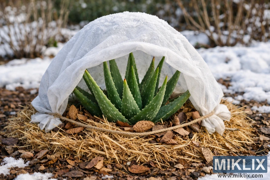 Aloe vera plant outdoors covered with white frost protection fabric and surrounded by straw mulch during winter. Aloe vera plant outdoors covered with white frost protection fabric and surrounded by straw mulch during winter.