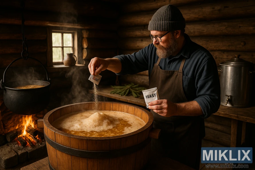 Un cervecero casero con barba en una rústica cabaña noruega agrega levadura seca a una cuba de madera de cerveza artesanal junto a un hogar crepitante.