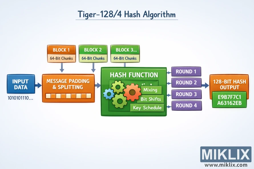 Educational landscape diagram showing the conceptual stages of the Tiger-128/4 hash algorithm from input through mixing rounds to a fixed-length hash output. Educational landscape diagram showing the conceptual stages of the Tiger-128/4 hash algorithm from input through mixing rounds to a fixed-length hash output.