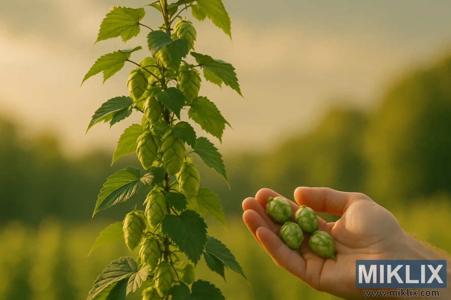 Günəşdə parıldayan yaşıl konuslarla göyə qalxır, əl isə qızılı bulanıq fonda ön planda təzə yığılmış şerbetçiotu tutur. Günəşdə parıldayan yaşıl konuslarla göyə qalxır, əl isə qızılı bulanıq fonda ön planda təzə yığılmış şerbetçiotu tutur.