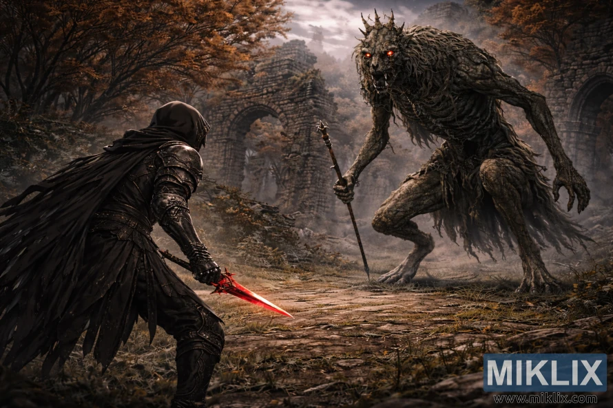 Semi-realistic fantasy scene of a dark armored Tarnished facing a towering Demi-Human Queen in misty forest ruins before battle.