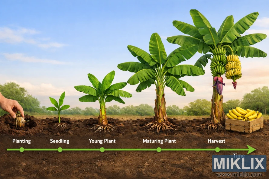 Illustrated timeline showing banana plant growth stages from planting and seedling to mature plant and harvest with ripe bananas.