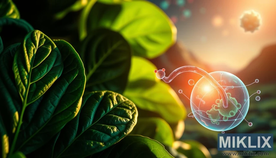 Digital illustration af friske spinatblade med cellulære og molekylære billeder, der symboliserer kræftbekæmpende fordele. Digital illustration af friske spinatblade med cellulære og molekylære billeder, der symboliserer kræftbekæmpende fordele.