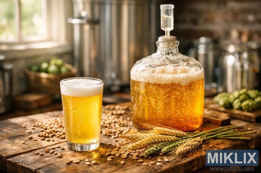 Isang baso ng maputlang ginintuang serbesa na trigo sa isang simpleng mesa na may mga butil at tangkay ng trigo, sa tabi ng isang kumukulong sisidlan ng permentasyon sa isang mainit na naiilawang serbesa sa bahay.