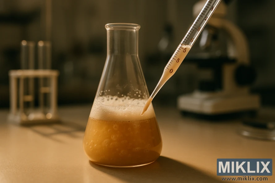 Ջերմ լուսավորված լաբորատոր պայմաններում Էրլենմայերի սրվակի վերևում խմորիչի կուլտուրան չափող պիպետ։