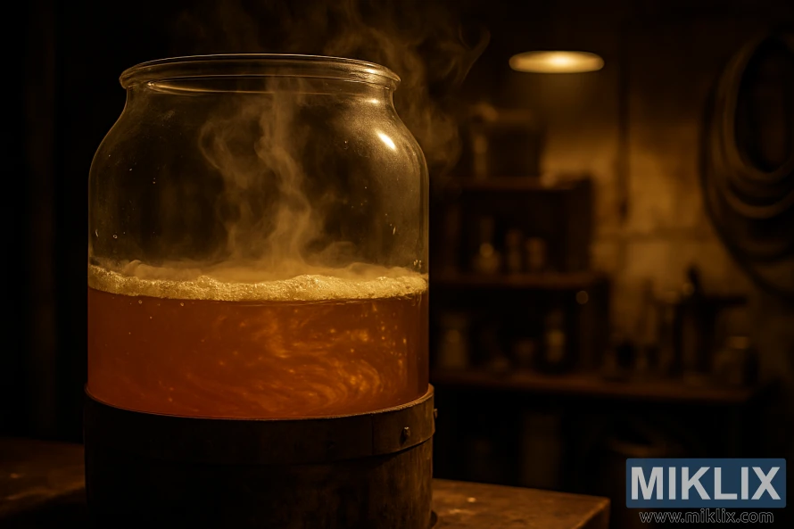 Svakt opplyst gjæringstank i glass med virvlende ravfarget væske og stigende damp i et koselig hjemmebryggingsverksted.