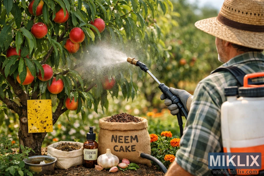 Farmer applying organic pest control spray to a nectarine tree using a backpack sprayer in a sunlit orchard with natural pest management materials visible.