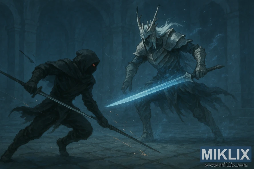 Qara Bıçaqlı qatilin parlayan Zamor Əyri Qılıncı ilə Qədim Zamor Qəhrəmanının hücumundan yayınması ilə bağlı qaranlıq fantaziya səhnəsi. Qara Bıçaqlı qatilin parlayan Zamor Əyri Qılıncı ilə Qədim Zamor Qəhrəmanının hücumundan yayınması ilə bağlı qaranlıq fantaziya səhnəsi.