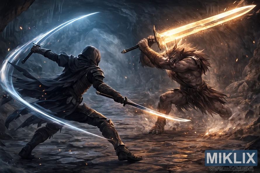 Kara Bıçak zırhı giymiş kapüşonlu bir savaşçı, bir mağarada Misbegotten Crusader'a saldırıyor ve saldırıyor. Kara Bıçak zırhı giymiş kapüşonlu bir savaşçı, bir mağarada Misbegotten Crusader'a saldırıyor ve saldırıyor.