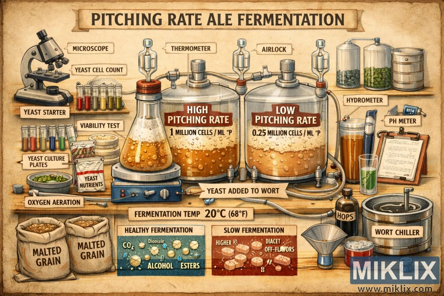 Илустриран дијаграм на подготовка што ги споредува високите и ниските стапки на пиво од квасец при ферментација на пиво со етикетирана опрема и резултати од ферментација. Илустриран дијаграм на подготовка што ги споредува високите и ниските стапки на пиво од квасец при ферментација на пиво со етикетирана опрема и резултати од ферментација.