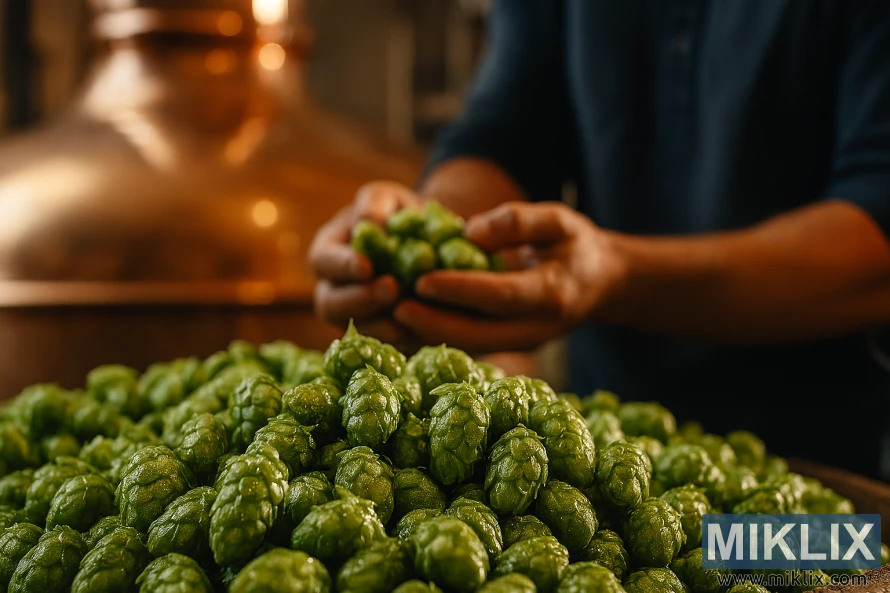 Detail chmele Hallertau Blanc, který si sládek kontroluje před měděnou nádobou Detail chmele Hallertau Blanc, který si sládek kontroluje před měděnou nádobou