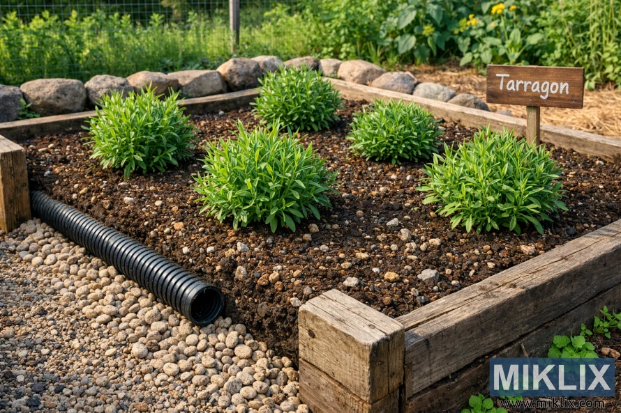 Raised wooden garden bed with healthy tarragon plants, dark soil, gravel drainage layer, and visible drainage pipe in daylight.