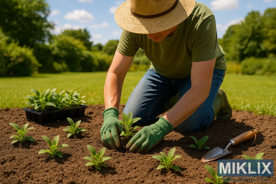 Այգեպանը ծնկի է իջել պատրաստված այգում՝ ամառային պայծառ արևի լույսի ներքո հարուստ հողի մեջ աղվեսի սածիլներ տնկելիս։ Այգեպանը ծնկի է իջել պատրաստված այգում՝ ամառային պայծառ արևի լույսի ներքո հարուստ հողի մեջ աղվեսի սածիլներ տնկելիս։