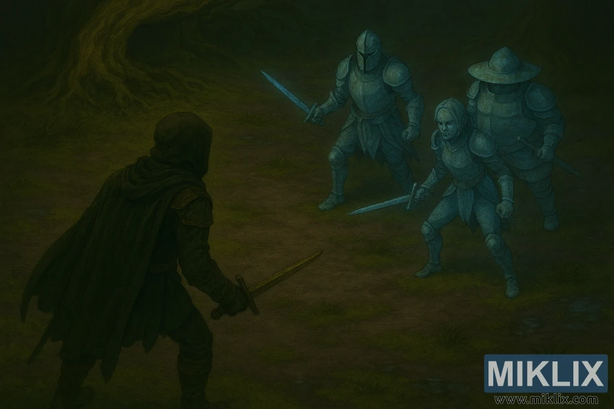 Adegan gaya anime isometrik saka wong sing nganggo waja Knife Ireng sing dirusak madhep telung Juara biru sing sumunar ing Deeproot Depths Elden Ring.