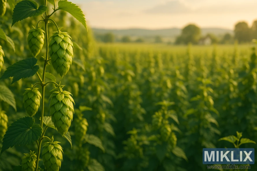 Gros plan des cônes de houblon Groene Bel dans un champ vert luxuriant, brillant sous la chaude lumière dorée du soleil avec la campagne lointaine en arrière-plan.